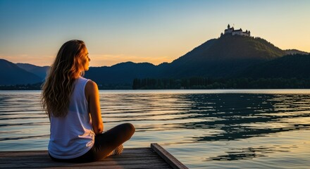Fototapeta premium A woman sits on a wooden dock, gazing at a tranquil lake surrounded by mountains. A castle-like structure silhouettes against the sunset sky, creating a serene and contemplative atmosphere.