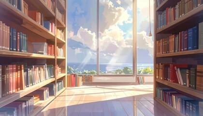 Sunlit library aisle with tall bookshelves and ocean view through window—evoking quiet intellect, natural beauty, and the contemplative choreography of knowledge, light, and horizon.