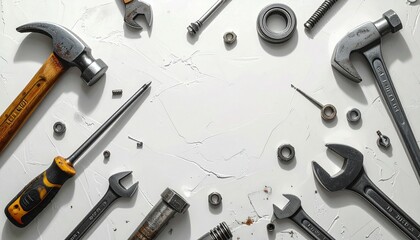 Fototapeta premium Assorted hand tools and hardware arranged on cracked white surface—evoking utility, craftsmanship, and the deliberate choreography of repair, precision, and DIY readiness.