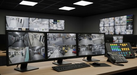 A high-tech control room monitoring security camera feeds and surveillance footage of an indoor environment. Multiple computer displays, equipment for managing the system.
