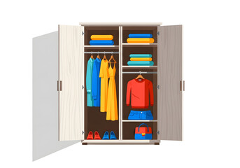 An open wardrobe with clothes and shoes, showing organization and storage of garments.