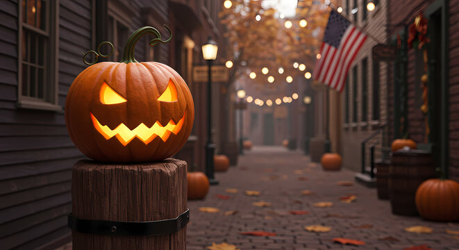 Glowing Jack-O'-Lantern in a Quaint Autumn Alley with String Lights and US Flag