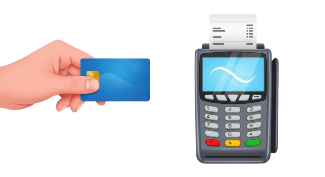 Isolated hand presents a credit card beside payment terminal for transactions concept