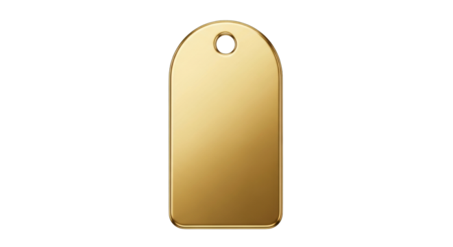 Isolated gold metal badge with rounded top and a hole for attaching to products, gifts
