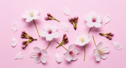 Naklejka premium Delicate white cherry blossoms with pink centers set against a soft pink background, creating a serene and tranquil atmosphere.