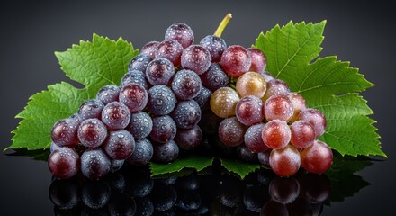 Obraz premium Luscious, ripe red and purple grapes with green leaves on a dark background. Dusted with moisture, the grapes evoke a fresh, juicy harvest. Ideal for wine, viticulture, or healthy eating concepts.