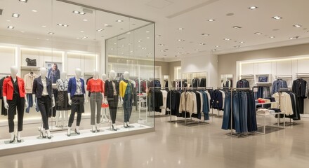 A modern clothing store with bright lighting, glass displays, and a spacious layout showcasing various apparel on mannequins and racks, creating an inviting shopping environment.
