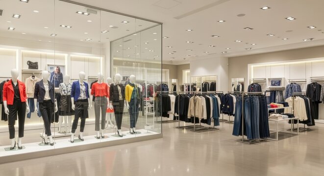 A modern clothing store with bright lighting, glass displays, and a spacious layout showcasing various apparel on mannequins and racks, creating an inviting shopping environment.