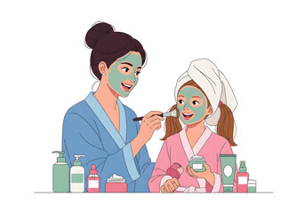 Mother and daughter applying face masks together in a beauty routine.