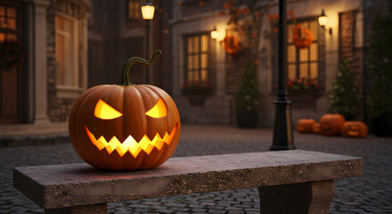 Obraz premium Glowing Jack-o'-Lantern on a Stone Bench in a Charming Cobblestone Street at Dusk, Halloween Theme