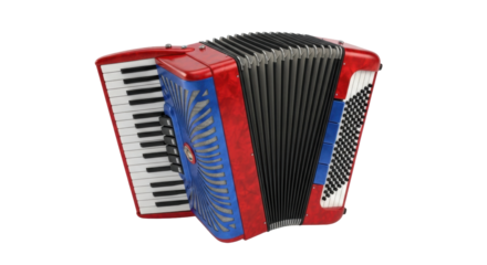 Isolated musical instrument, accordion with red frame and black keys for concerts or festivals