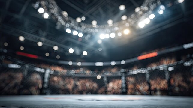 A dimly lit arena with a focus on a fighting cage, surrounded by bright lights and spectators, creating an atmosphere of anticipation and excitement, cute blurred sport frame