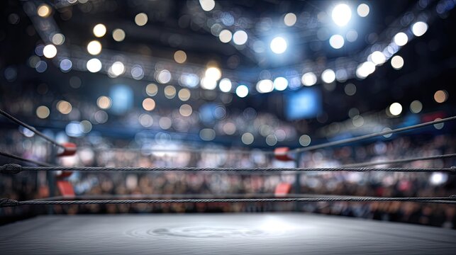 A dimly lit wrestling arena with a focus on the ring, surrounded by blurred lights and an enthusiastic crowd, cute blurred sport frame
