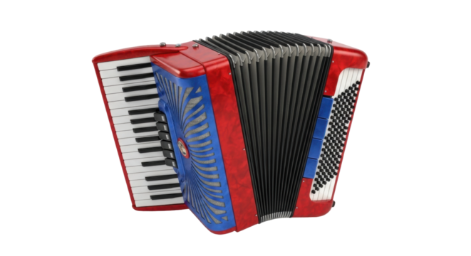 Isolated musical instrument, accordion with red frame and black keys for concerts or festivals