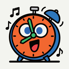 Cheerful orange and blue alarm clock character ringing loudly with musical notes floating around, illustrated in a vibrant, happy cartoon doodle style.