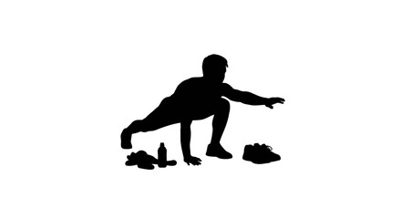 Energetic athlete stretching dynamically with water bottle and shoes nearby for active lifestyle