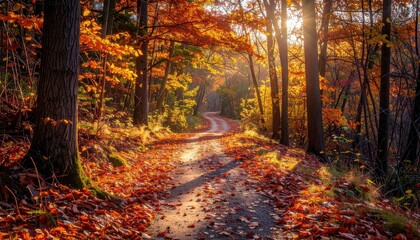 Obraz premium Autumn Forest Path With Sunlight Shining Through Trees and Fallen Leaves Covering the Ground in a Serene and Warm Environment