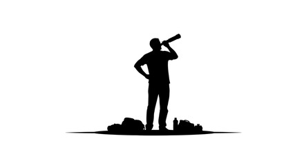 Fototapeta premium Silhouette explorer with telescope scanning horizon, ready for adventure with gear