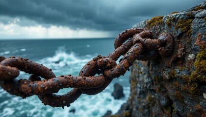 Close-up of a thick, rusty chain on a mossy rock against a turbulent sea, symbolizing strength and endurance