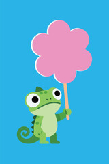 Green chameleon or lizard character with a serious expression, holding a large pink cotton candy on a stick, drawn in a charming flat vector style on a blue background.