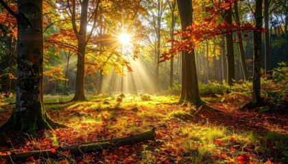 Autumn Forest with Golden Sunlight Filtering Through Trees and Fallen Leaves in Ground