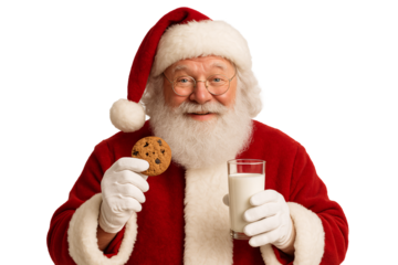 Smiling Santa holding milk and cookies on a transparent background. Christmas. Decor. Illustration.