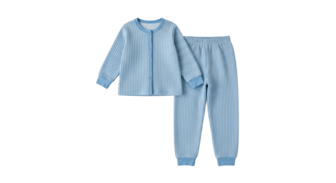 Isolated light blue knitted ribbed button-down shirt and pants pajamas for kids for sleeping