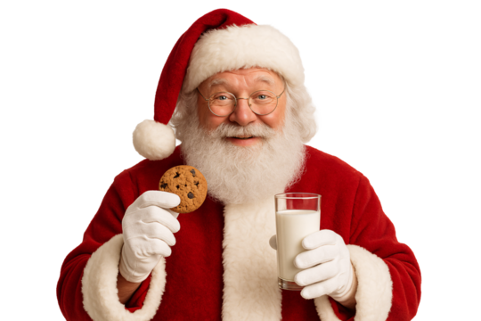 Smiling Santa holding milk and cookies on a transparent background. Christmas. Decor. Illustration. - Powered by Adobe