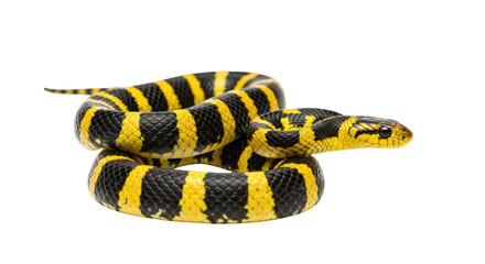 Obraz premium Isolated yellow banded snake with black stripes, close-up studio shot of reptile, no background