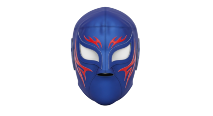 Isolated blue wrestling mask with red flame design for sports events and superhero roleplay