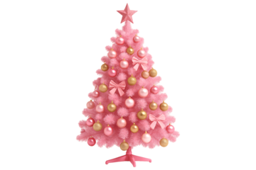 Christmas tree with pink decorations on a transparent background. Decor. Holiday poster.