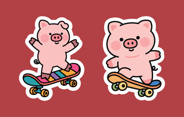 Two cute pink pig characters balancing and skateboarding on colorful skateboards, illustrated as fun, retro-style cartoon sticker decals on a red background.