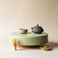 Minimal podium with Japanese matcha tea set, traditional whisk, and green pastel background