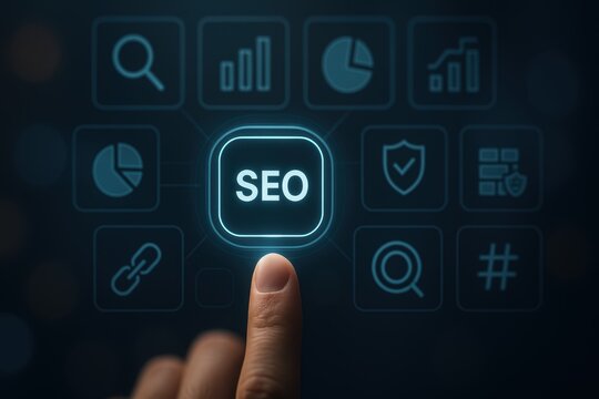 shot features a human finger touching the illuminated "SEO" button on a digital screen, surrounded by various related icons suggesting online marketing tools and website analysis, representing search