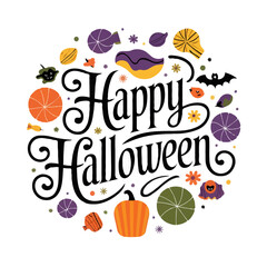 Naklejka premium Happy halloween festive lettering with spooky elements isolated on white background