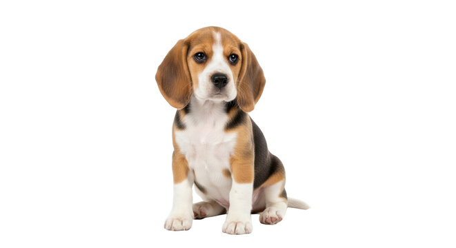 Isolated beagle puppy poses sweetly on clean backdrop, small dog sitting for a portrait
