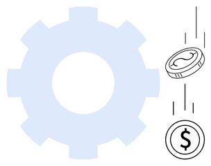 Gear shape beside falling coins emphasizes cost efficiency, financial optimization, monetary systems, mechanical precision, business processes, investment flow, and teamwork. Ideal for economics