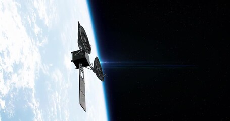 Spacecraft satellite in orbit around rotating planet earth. Technology and space related 3d animation.