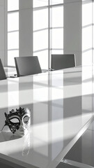 Minimalist Corporate Meeting Room with Single Venetian Lace Mask and Dramatic Shadow