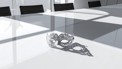 Minimalist Corporate Meeting Room with Single Venetian Lace Mask and Dramatic Shadow