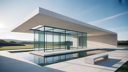 Fototapeta premium Contemporary Building with Glass Walls and Reflecting Pool.