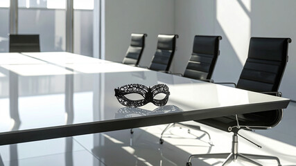 Minimalist Corporate Meeting Room with Single Venetian Lace Mask and Dramatic Shadow