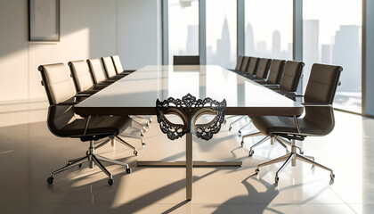 Minimalist Corporate Meeting Room with Single Venetian Lace Mask and Dramatic Shadow