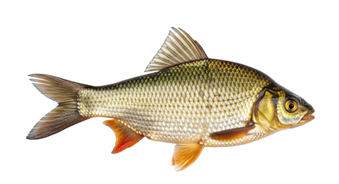 Isolated roach fish, a freshwater ray-finned animal used for game fishing and aquariums, side view