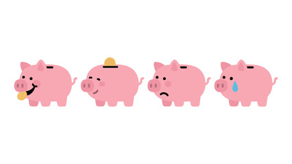 Set of four cute sad and happy piggy bank characters with coin money cartoon vector illustration isolated on white background for finance and saving concepts