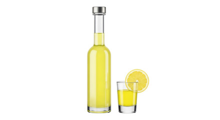 Isolated limoncello bottle, shot glass and lemon slice, a popular Italian lemon liqueur