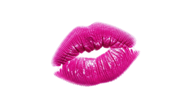 Isolated pink shiny lipstick kiss mark on a bright surface with some visible texture detail