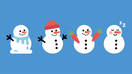 Set of four cute snowman characters with hat, scarf, and carrots showing different emotions cartoon vector illustration on blue background for winter and holiday designs