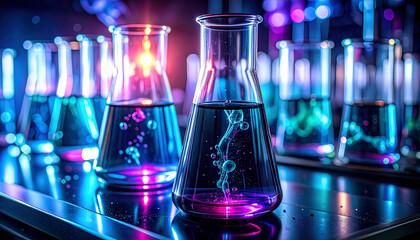 Atmospheric Biotech Lab: Glowing Cyan and Magenta Fluid in Black Obsidian Glassware