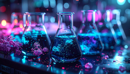 Atmospheric Biotech Lab: Glowing Cyan and Magenta Fluid in Black Obsidian Glassware